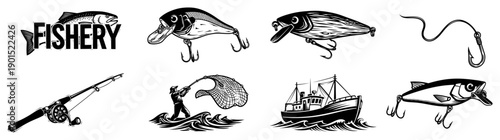 Fishing and fishery equipment set vector illustration, lures boat and fisherman icons collection, professional angling and marine hobby elements sketch