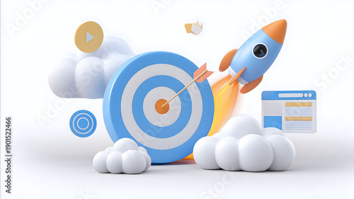 Marketing target floating in a white back ground Studio lightning With marketing target floating around a rocket leaving a cloud of likes behin it and a web window.jpeg