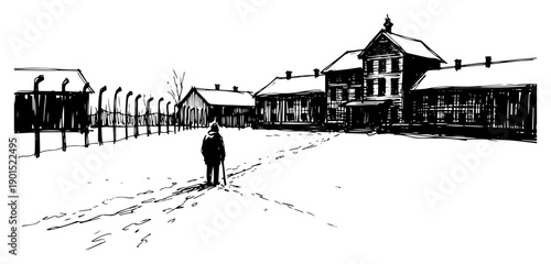 Historical wooden barracks and fence in winter landscape vector illustration, rural village or memorial site in snow, cold isolation concept