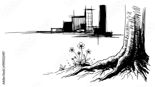 Tree roots and wild flowers with city skyline background vector illustration, nature in urban environment concept, environmental sustainability and park landscape sketch