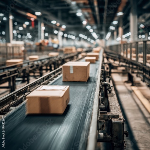 Cargo Packages on Conveyor Belt in Modern Warehouse Facility