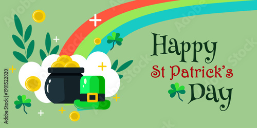 Bright St Patricks Day Banner with leprechaun hat, pot of gold, rainbow and clover. Festive green holiday design for greeting card, banner, social media and celebration content