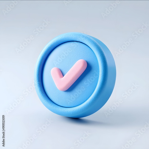 3D icon of a of a bright pink checkmark on a blue sticker on a white background The material appears to be clay Rich colors The overall style is cute and simple with cl
