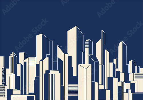 Urban Skyline Illustration, Cityscape Design, Modern Architecture, Graphic Art, Night Scene