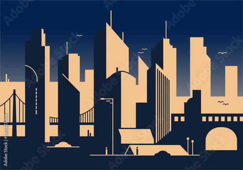Urban Skyline Illustration, Cityscape, Modern Architecture, Digital Artwork, Nighttime, Aerial View, Artistic Concept