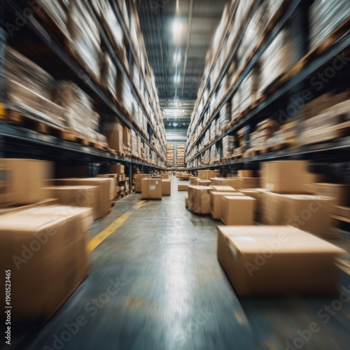Motion Blur View of Industrial Warehouse with Boxes and Shelves