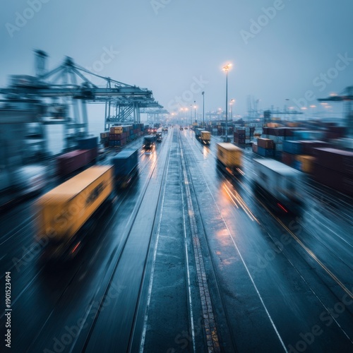 Industrial Port at Dusk with Trucks and Cranes in Rainy Weather