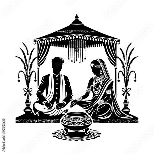 Traditional Hindu wedding varmala ceremony vector silhouette, bride in lehenga and groom in sherwani, decorative mandap pillars