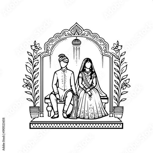 Traditional Hindu wedding varmala ceremony vector silhouette, bride in lehenga and groom in sherwani, decorative mandap pillars