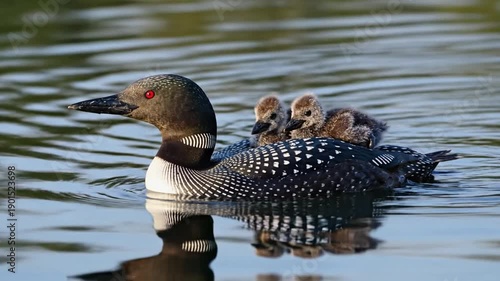 Loon Swims with Chicks on Back.