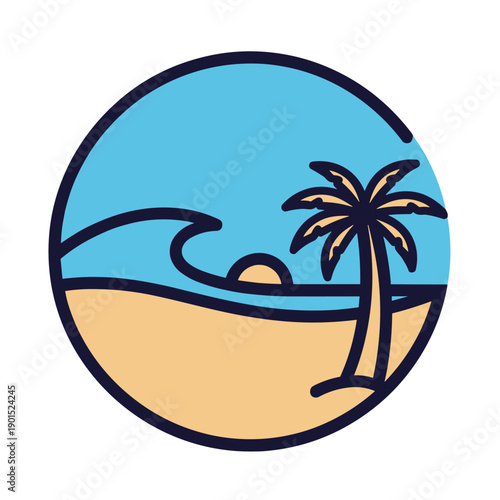 Beach Sunset, Tropical Landscape, Iconic Illustration, Nature, Coastal Vibe, Vibrant Colors