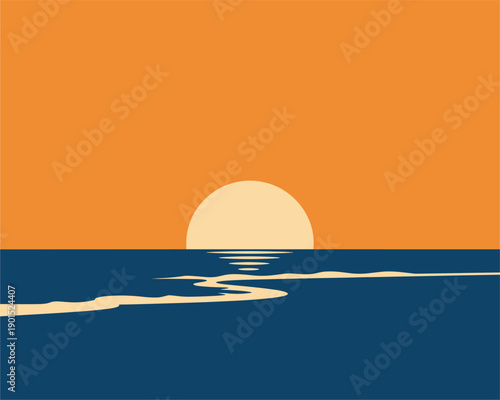 Serene Sunset, Ocean View, Tranquil Landscape, Digital Illustration, Calm Environment, Wide Perspective, Nature's Beauty