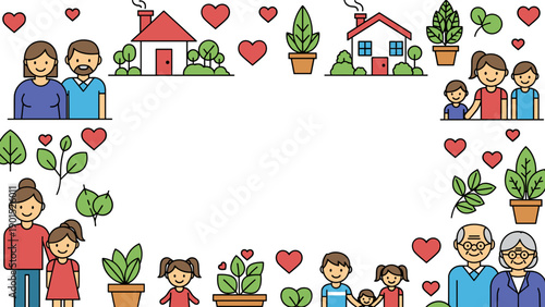 Colorful illustration of diverse family members with plants and hearts