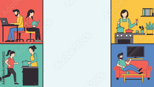 Illustration of people engaging in various daily activities at home and work in colorful scenes