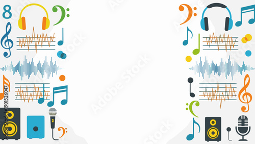 Colorful music icons and symbols with headphones and speakers