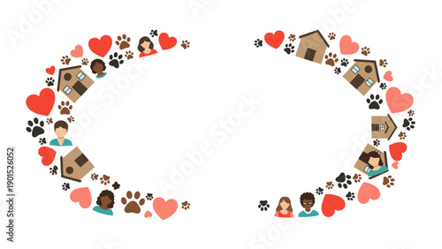 Cute dog and cat icons forming a heart shape with paw prints and houses on for valentines day