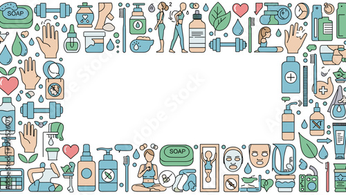 Colorful illustration of various medical and health related objects and symbols border