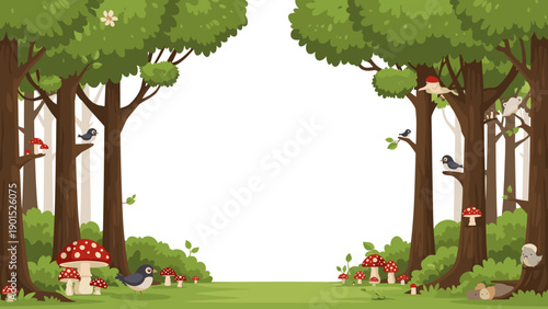 Whimsical forest scene with trees, animals, and mushrooms on green grass