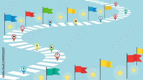 Colorful road with flags and location pins on a light blue background for navigation and direction