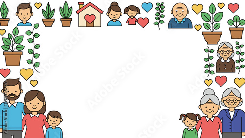 Diverse family members and plants with hearts for love and care concepts