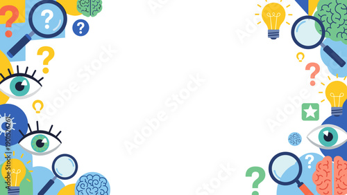Colorful illustration of question marks and light bulb ideas on blue background with eye and magnifying glass