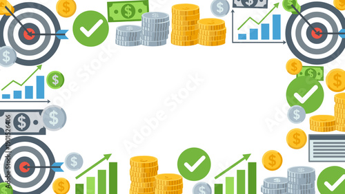 Business finance and investment icons border with targets, coins, and charts on for marketing and growth concepts