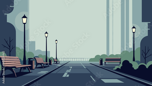 City street with benches and streetlights on a gray day in urban landscape