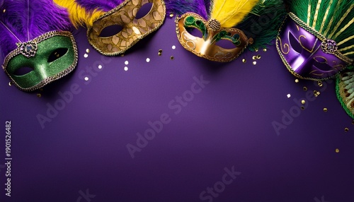 carnival masks on purple mardi gras banner border on vertical dark background with copy space