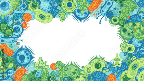Colorful illustration of various bacteria and microorganisms on border