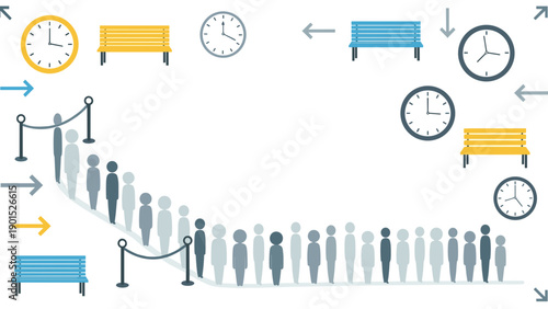 Waiting people in a queue with clocks and benches around them in a circular motion