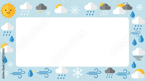 Weather forecast frame with various icons on blue background for kids