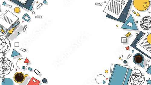 A colorful flat lay of office supplies and gadgets on a with various shapes and symbols