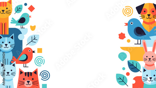 Colorful illustration of various animals and shapes on for kids