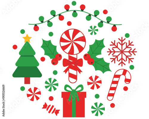 Christmas Decorations and Treats in a Joyful Holiday Environment, Colorful Illustration