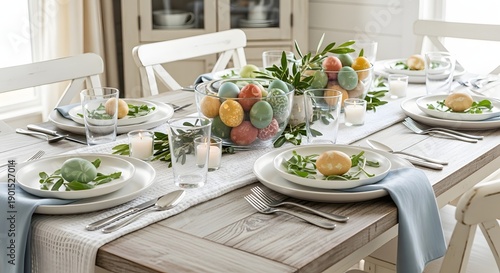 Farmhouse dining table set for Easter brunch with white plates linen runner simple greenery and bowl of naturally dyed eggs centerpiece