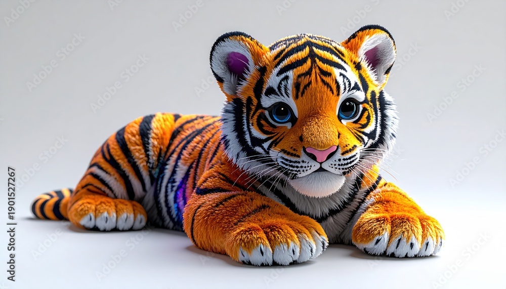 Obraz premium Adorable tiger cub with bright orange stripes and blue eyes rests on a neutral background