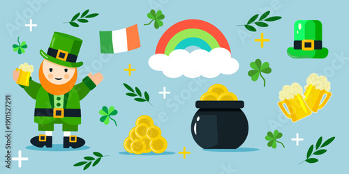 St Patricks Day illustration Set with leprechaun, pot of gold, rainbow, clover and beer. Festive Irish holiday design for banner, card, social media and decoration