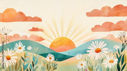 Sunrise Over Colorful Hills with Flowers and Clouds