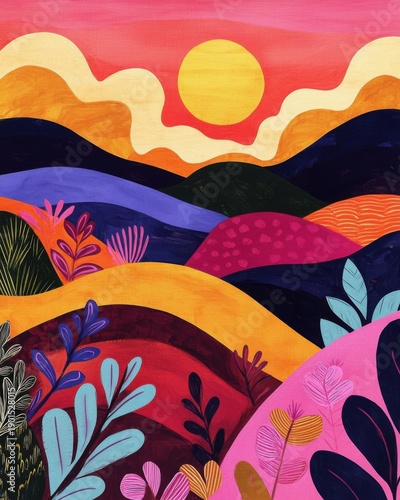 Vibrant Abstract Landscape with Colorful Hills and Sun