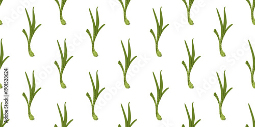 Leek seamless vegetable food pattern in flat decorative style, featuring fresh green leek stalks for packaging, textiles, kitchen surfaces and food related design.