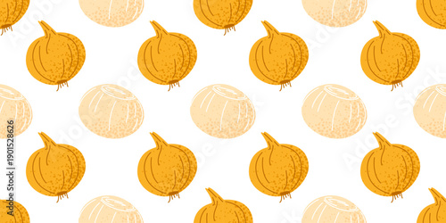 Seamless onion vegetable food pattern in flat decorative style, featuring yellow and white onions for packaging, textiles, kitchen surfaces and food related design.