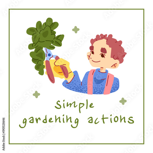 Child pruning plants with garden pruners in a simple gardening scene, showing care for nature and learning basic plant maintenance activities.