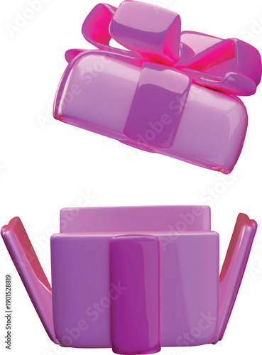 3D realistic open pink gift box with ribbon bow, vector unpacking present surprise, unbox package with flying lid