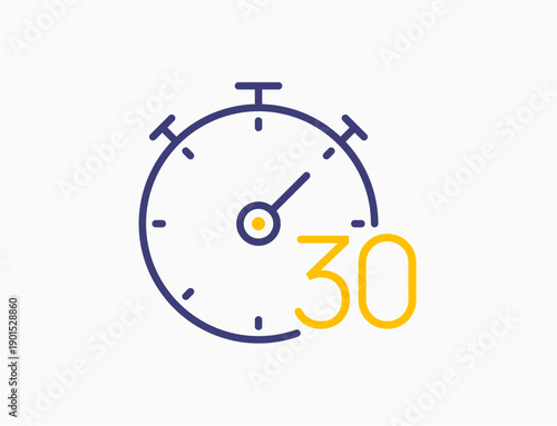 Timer 30 minutes line icon clock. Countdown stopwatch vector digital sport time. Chronometer 30 seconds timer.
