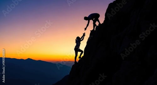 Wallpaper Mural A climber helps another person ascend a steep mountain slope at sunset. Torontodigital.ca