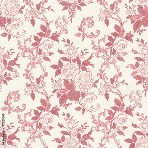 Toile de jouy vector seamless vintage pattern pink color palette