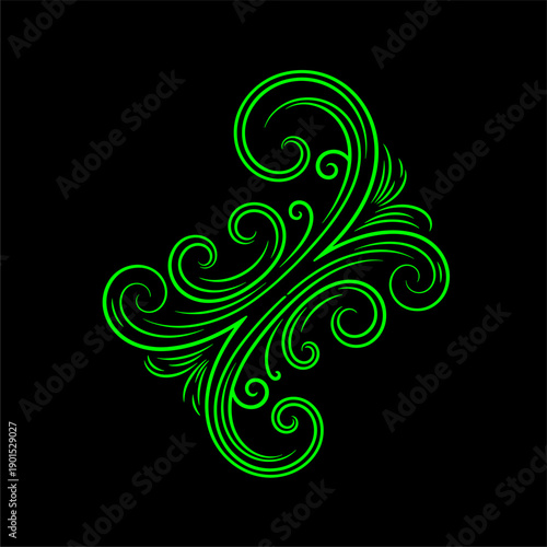 Elegant Green Swirls Design, Abstract Art, Digital Illustration, Modern Aesthetic, Black Background, Artistic Viewpoint