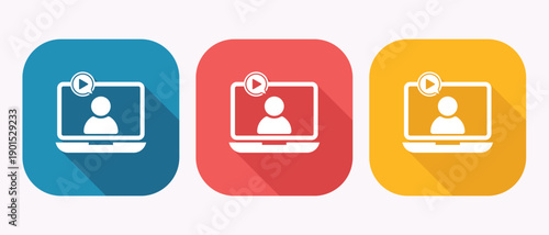 Colorful icons of laptop computers with video conference on screen