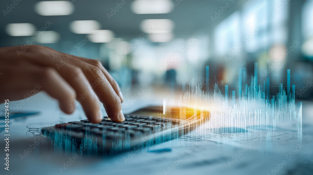 Fototapeta premium Person using calculator with financial charts overlay symbolizing analysis and data management in modern office environment with blurred background lights
