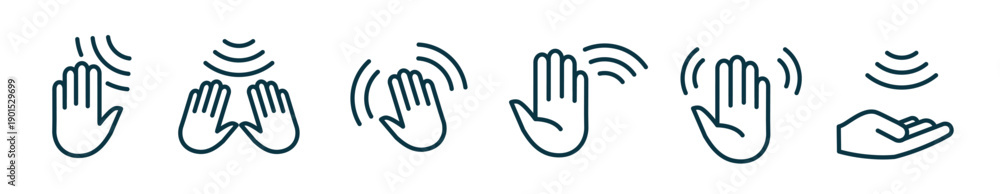 Obraz premium Hand wave sensor motion gesture line icon. Palm wave sensor touch control button automatic signal